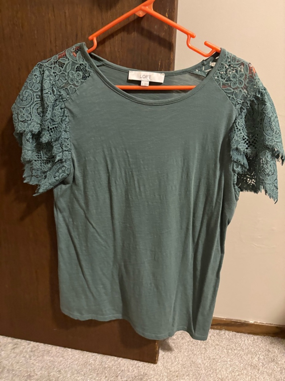 LOFT Teal Short-Sleeve Top with Lace Flutter Sleeves